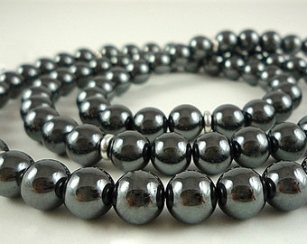 Long Hematite Necklace Silver Gray Gemstone Bead Necklace Charcoal Silver Jewelry Beaded Long Hematite Strand