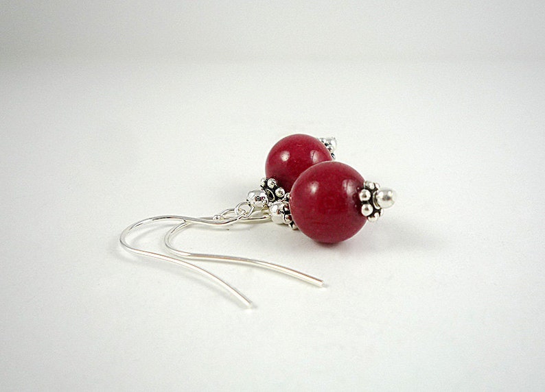 Red Bead Drop Earrings Cherry Red Silver Earrings Red Mountain Jade Earrings Red Drop Earrings Bright Red Drops Red Dangle Earrings image 2