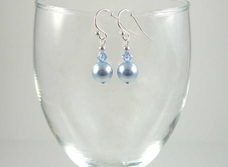 Light Blue Pearl Drop Earrings Sterling Silver Pearl Swarovski Crystal Earrings Blue Pearl Sterling Sterling Dangle Earrings image 1