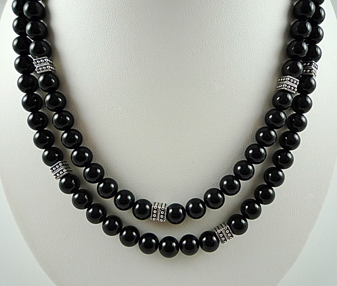 Long Black Onyx Necklace Silver Gemstone Necklace Black Bead Necklace ...