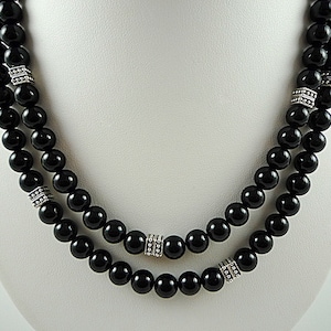 Long Black Onyx Necklace Silver Gemstone Necklace Black Bead Necklace Long Black Onyx Strand Black Necklace Beaded