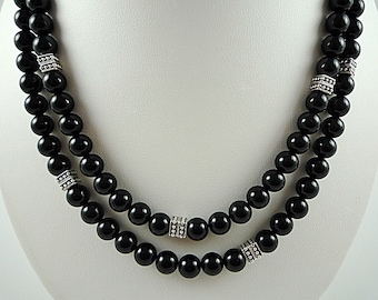 Long Black Onyx Necklace Silver Gemstone Necklace Black Bead Necklace Long Black Onyx Strand Black Necklace Beaded