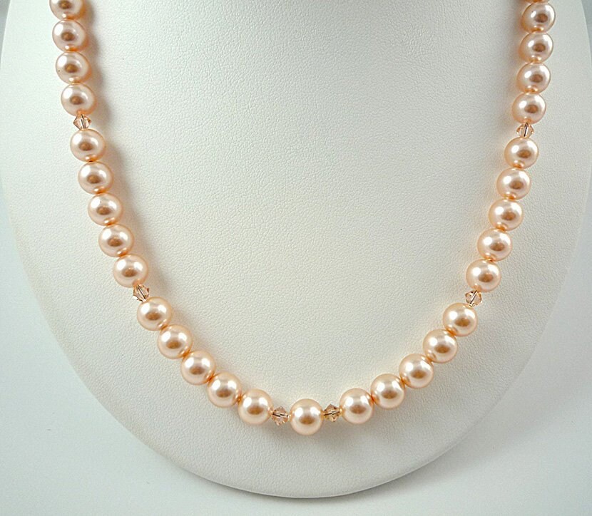 Peach Pearl Necklace Swarovski Crystal 