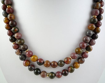 Long Red Creek Jasper Necklace Gemstone Bead Necklace Red Green Gold Brown Fall Colors Necklace Long Picasso Jasper Bead Necklace