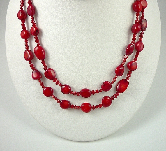 Long Red Coral Necklace Genuine Red Bamboo Coral Bead Necklace