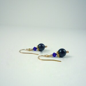 Dark Blue Goldstone Drop Earrings Gold Midnight Blue Bead Earrings Cobalt Blue Gemstone Crystal Dangle Earrings image 2