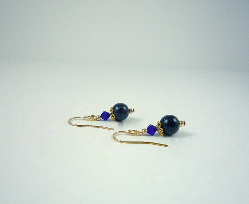 Dark Blue Goldstone Drop Earrings Gold Midnight Blue Bead Earrings Cobalt Blue Gemstone Crystal Dangle Earrings image 2