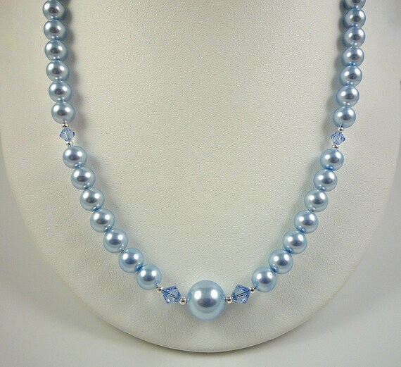 Blue White Pearl Necklace Sterling Silver Dark Blue Bright White