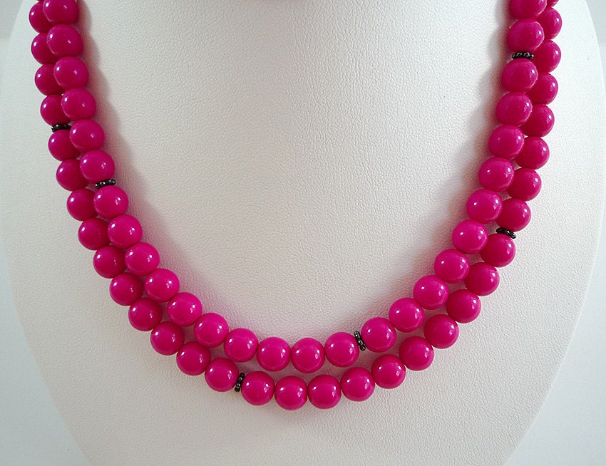 Long Pink Necklace Fuchsia Czech Glass Necklace Dark Pink Bead Etsy