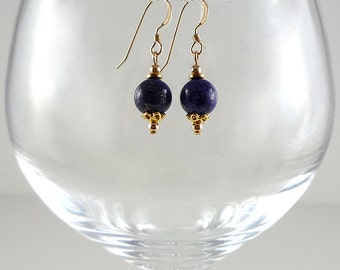 Lapis Earrings Lapis Gold Earrings Gemstone Drop Earrings Cobalt Blue Earrings Dark Blue Bead Earrings Small Lapis Earrings