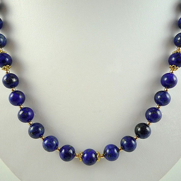 Lapis Gold Necklace Cobalt Blue Gemstone Bead Necklace Short Dark Blue Lapis Strand