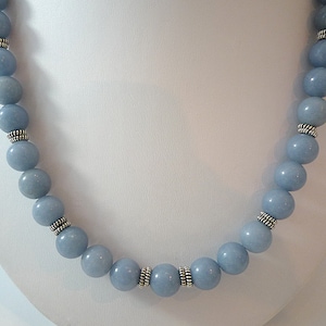 Angelite Necklace Silver Gemstone Necklace Dusty Blue Bead Necklace Short Light Blue Angelite Gemstone Strand