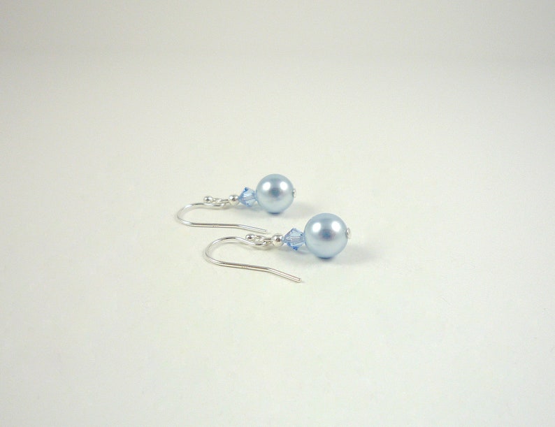 Light Blue Pearl Drop Earrings Sterling Silver Pearl Swarovski Crystal Earrings Blue Pearl Sterling Sterling Dangle Earrings image 3