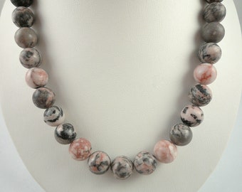 Jasper Necklace Pink Zebra Jasper Gemstone Necklace Pink and Gray Gemstone Bead Necklace  Short Jasper Necklace 18 Inch Jasper Strand