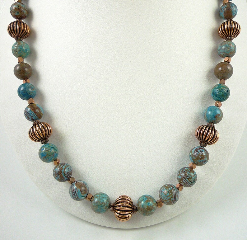 Jasper Necklace Blue Sky Jasper Necklace Copper Blue Gemstone Bead Necklace Brown Blue Short Jasper Strand image 1