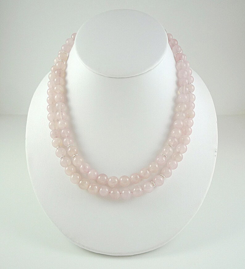 Long Rose Quartz Necklace Silver Pale Pink Quartz Gemstone Bead Necklace Long Light Pink Rose Quartz Gemstone Necklace image 3