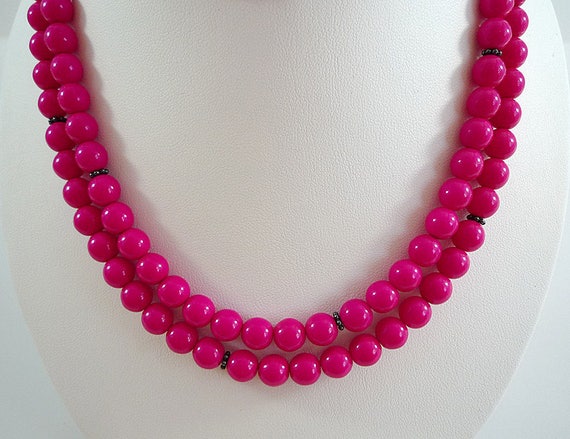 Perle Rose Longue Lumineux Collier Collier Fushia Rose Chaud Verre Long Rose Perle Collier Rose Fuschia Brin Lumineux Rose Collier De Perles