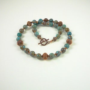 Jasper Necklace Blue Sky Jasper Necklace Copper Blue Gemstone Bead Necklace Brown Blue Short Jasper Strand image 4