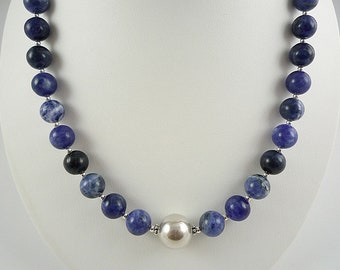 Blue Sodalite Gemstone Necklace Sterling Silver Blue Bead Gemstone Necklace Short Sodalite Silver Necklace Blue Bead Necklace