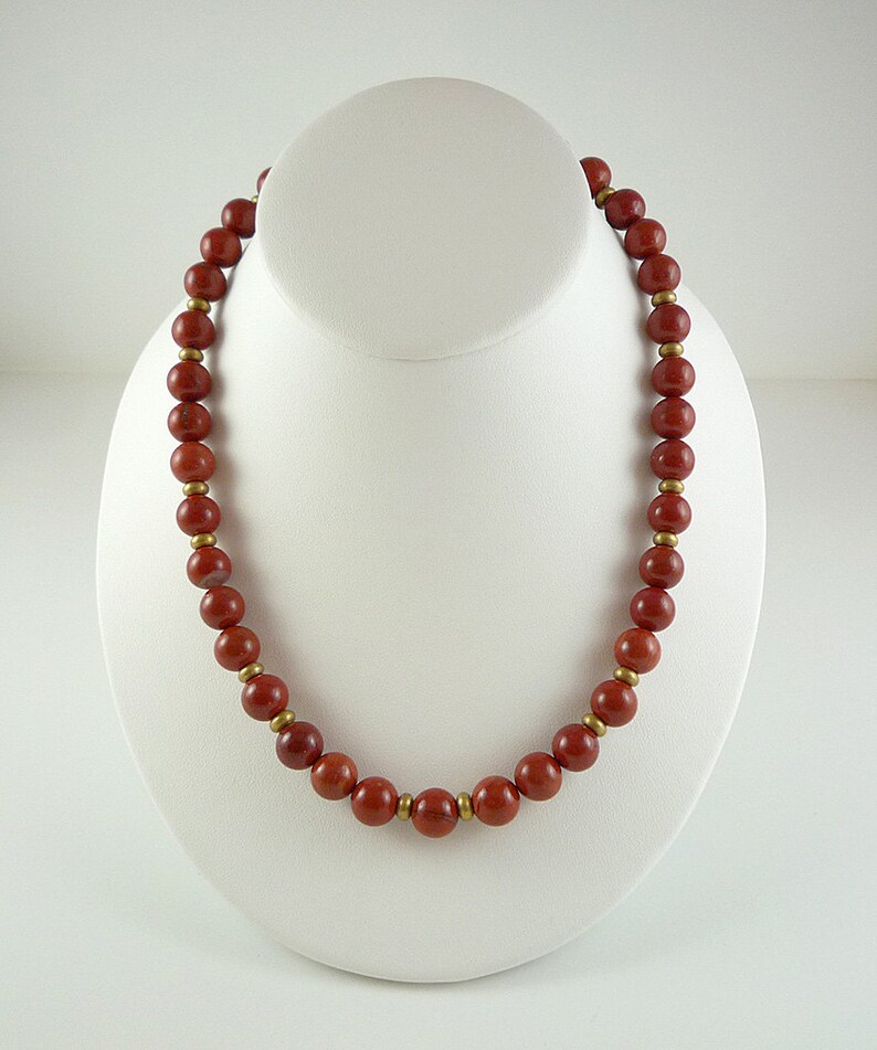 Red Jasper Necklace Brass Jasper Gemstone Bead Necklace Brick Red Short Jasper Strand 18.5 Inch Red Jasper Gemstone Necklace image 2