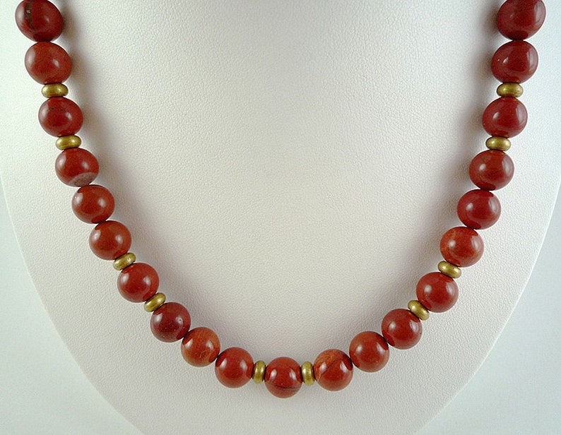 Red Jasper Necklace Brass Jasper Gemstone Bead Necklace Brick Red Short Jasper Strand 18.5 Inch Red Jasper Gemstone Necklace image 1