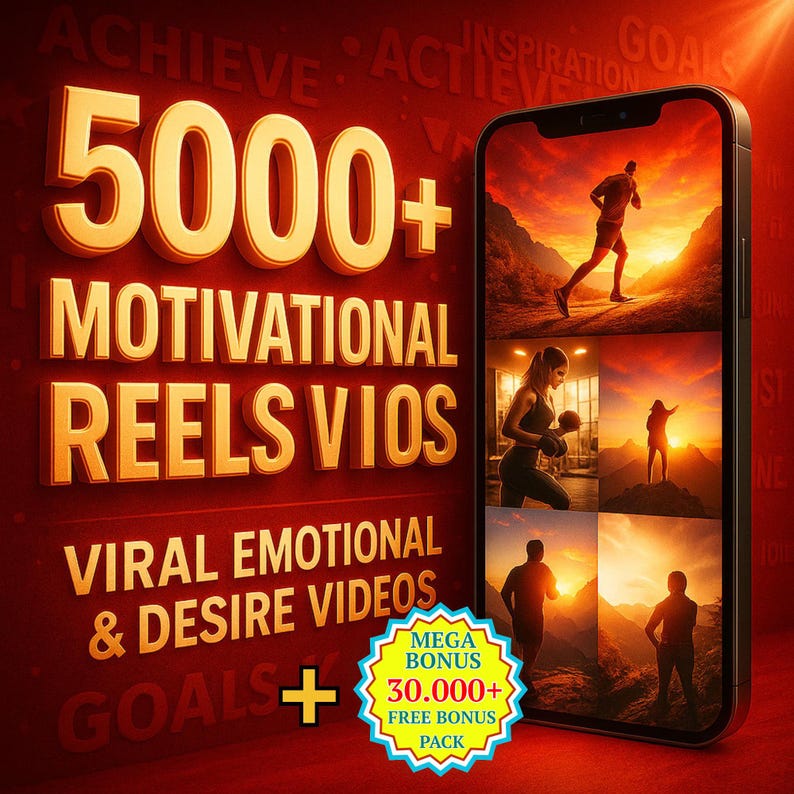 May include: A promotional image with the text "5000+ Motivational Reels Vios" and "Viral Emotional & Desire Videos." A smartphone displays motivational video stills. A bonus pack is also advertised.