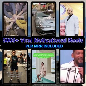May include: A digital graphic with six framed images. The images feature motivational content, including people working out, a luxury car, and text that reads "5000+ Viral Motivational Reels PLR MRR INCLUDED."