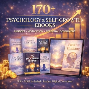 May include: Image promoting psychology and self-growth ebooks. Several book covers are visible, including "Your Own Destiny" and "Positive Thinking", alongside a tablet displaying a book. Gold coins and a rising arrow graphic are also present.