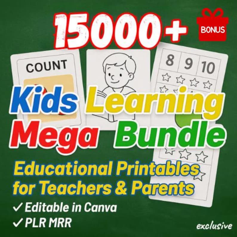 Puede incluir: Imagen que promociona un "Kids Learning Mega Bundle" con el texto "15000+". La imagen incluye tarjetas did&aacute;cticas con n&uacute;meros y conteo, un ni&ntilde;o de dibujos animados y el texto "Educational Printables for Teachers & Parents".