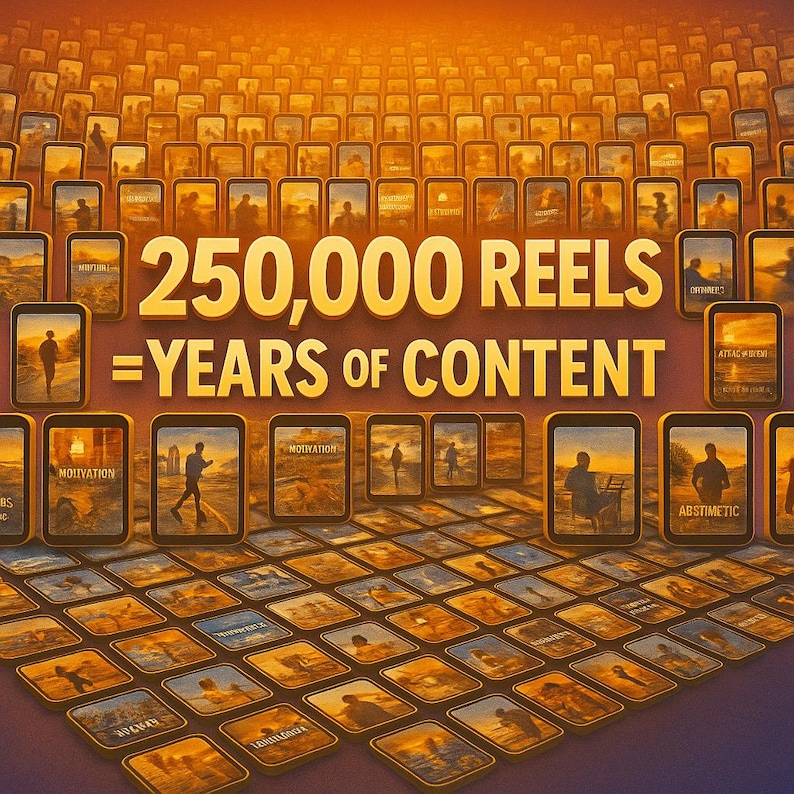 Puede incluir: Una representaci&oacute;n art&iacute;stica de numerosas pantallas digitales, cada una mostrando una imagen &uacute;nica. El texto central dice "250.000 Reels = A&ntilde;os de contenido". Las pantallas est&aacute;n dispuestas en una cuadr&iacute;cula, lo que sugiere una vasta colecci&oacute;n de medios digitales.