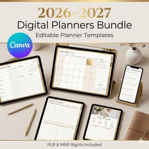 Puede incluir: Un paquete de planificadores digitales para 2026-2027, con plantillas editables. La imagen muestra varios dispositivos digitales que muestran páginas de planificador, incluyendo un planificador diario, un planificador de presupuesto y un planificador de bodas. El logotipo de Canva también es visible.