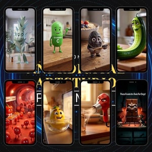 Peut inclure: Un collage de huit &eacute;crans de smartphone, chacun affichant un personnage alimentaire anim&eacute; fantaisiste. Les personnages incluent une pilule verte, un concombre, un citron et une barre chocolat&eacute;e. Le th&egrave;me semble &ecirc;tre une approche humoristique de l'alimentation et de la sant&eacute;.
