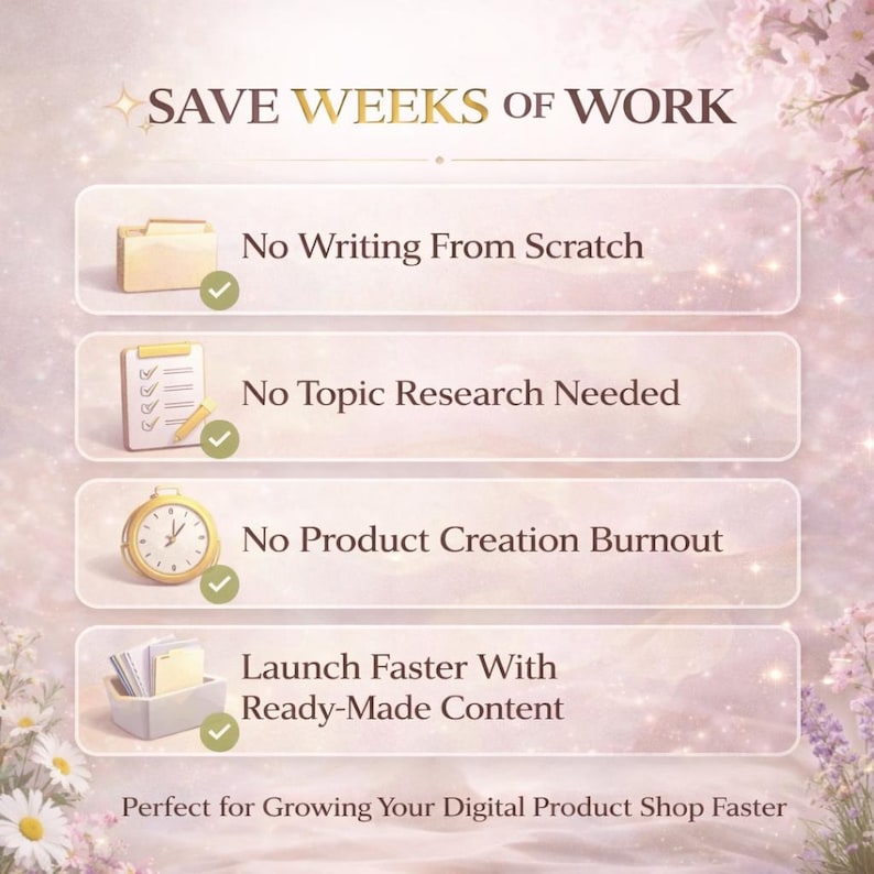 May include: An image with text that reads "SAVE WEEKS OF WORK." The image includes illustrations of a folder, notepad, clock, and a container with papers. The text below the illustrations reads "No Writing From Scratch," "No Topic Research Needed," "No Product Creation Burnout," and "Launch Faster With Ready-Made Content."