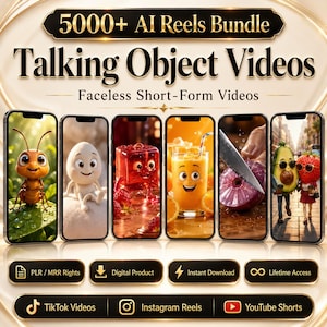 Puede incluir: Un paquete de productos digitales titulado 5000+ AI Reels Bundle Talking Object Videos Faceless Short-Form Videos. Muestra seis pantallas de teléfonos inteligentes con personajes animados, incluyendo una hormiga, huevo, gelatina, jugo, cebolla y frutas.