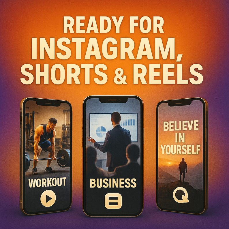 Puede incluir: Imagen que promociona la creaci&oacute;n de contenido para Instagram. Tres smartphones muestran contenido: un entrenamiento, una presentaci&oacute;n de negocios y un mensaje motivacional. El texto en la parte superior dice "READY FOR INSTAGRAM, SHORTS & REELS."