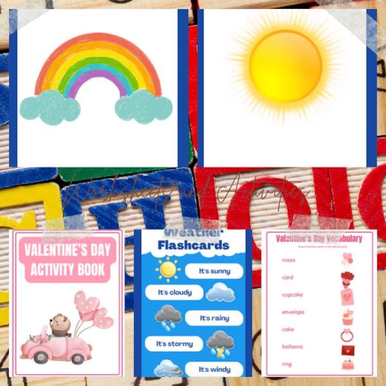 Puede incluir: Una colecci&oacute;n de tarjetas did&aacute;cticas y libros de actividades educativos. La imagen incluye un arco&iacute;ris, un sol y tarjetas meteorol&oacute;gicas con frases como "Hace sol" y "Est&aacute; lloviendo". Tambi&eacute;n se muestra un libro de actividades y una lista de vocabulario del D&iacute;a de San Valent&iacute;n.