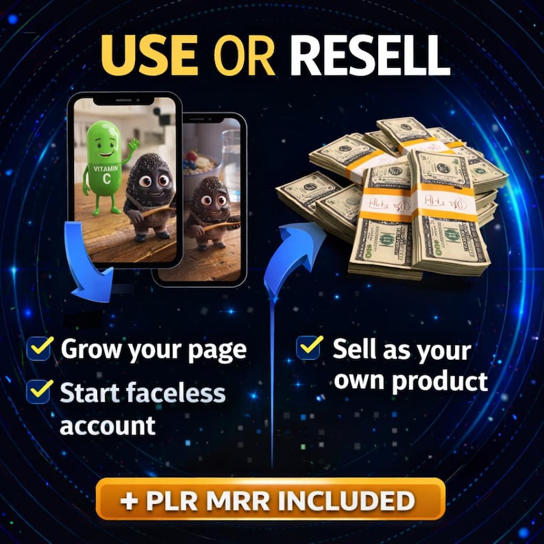 Peut inclure: Graphique de marketing num&eacute;rique avec le texte "USE OR RESELL". Il pr&eacute;sente deux smartphones affichant des personnages de dessins anim&eacute;s, une pile d'argent et les phrases "Grow your page", "Start faceless account" et "Sell as your own product".