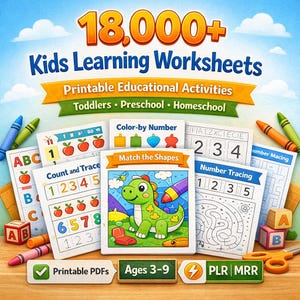 18000+ Kids Learning Worksheets PLR MRR Resell Rights Toddler Preschool Printable Mega Bundle
