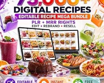 Oltre 75.000 ricette digitali modificabili / Raccolta di ricette Canva / Diritti di rivendita PLR MRR / Prodotto digitale per uso commerciale