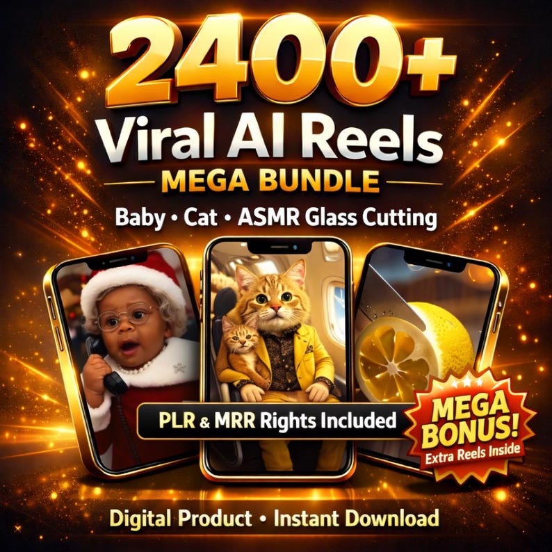May include: A digital product advertisement with the text "2400+ Viral AI Reels MEGA BUNDLE." The image features three smartphones displaying AI-generated content: a baby in a Santa hat, cats in a plane, and a lemon being sliced. Includes PLR & MRR rights.