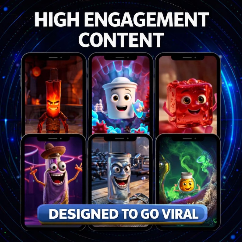 Peut inclure: Image promotionnelle avec six smartphones affichant des personnages anim&eacute;s. Le texte "HIGH ENGAGEMENT CONTENT" et "DESIGNED TO GO VIRAL" est visible. Chaque t&eacute;l&eacute;phone pr&eacute;sente un personnage de dessin anim&eacute; diff&eacute;rent, aux couleurs vives et aux designs uniques.