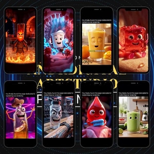 Peut inclure: Huit smartphones affichant des personnages anim&eacute;s et des aliments. Chaque &eacute;cran pr&eacute;sente un personnage de dessin anim&eacute; diff&eacute;rent, comme une figurine enflamm&eacute;e, une tasse souriante et un cube de gel&eacute;e rouge. Le texte sur les &eacute;crans indique "You finally found the page dedicated to explaining our anatomy."