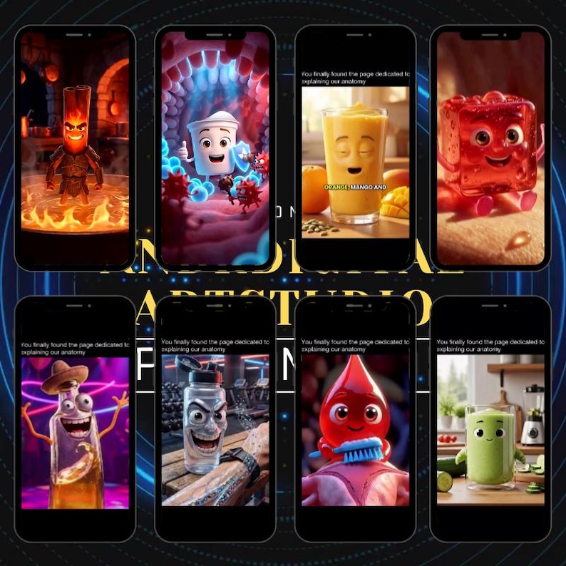 Peut inclure: Huit smartphones affichant des personnages anim&eacute;s et des aliments. Chaque &eacute;cran pr&eacute;sente un personnage de dessin anim&eacute; diff&eacute;rent, comme une figurine enflamm&eacute;e, une tasse souriante et un cube de gel&eacute;e rouge. Le texte sur les &eacute;crans indique "You finally found the page dedicated to explaining our anatomy."