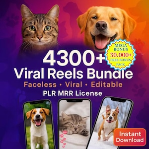 Może przedstawiać: Grafika marketingu cyfrowego z kotem i psem oraz trzema smartfonami wyświetlającymi zwierzęta domowe. Tekst brzmi "4300+ Viral Reels Bundle" z "Faceless, Viral, Editable" i "PLR MRR License". Obecna jest również odznaka "Mega Bonus".