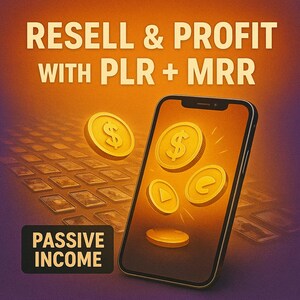 Puede incluir: Un tel&eacute;fono inteligente muestra monedas de oro con s&iacute;mbolos de d&oacute;lar y otros iconos, sobre un fondo degradado naranja y morado. Tambi&eacute;n se ve el texto "RESELL & PROFIT WITH PLR + MRR" y "PASSIVE INCOME".