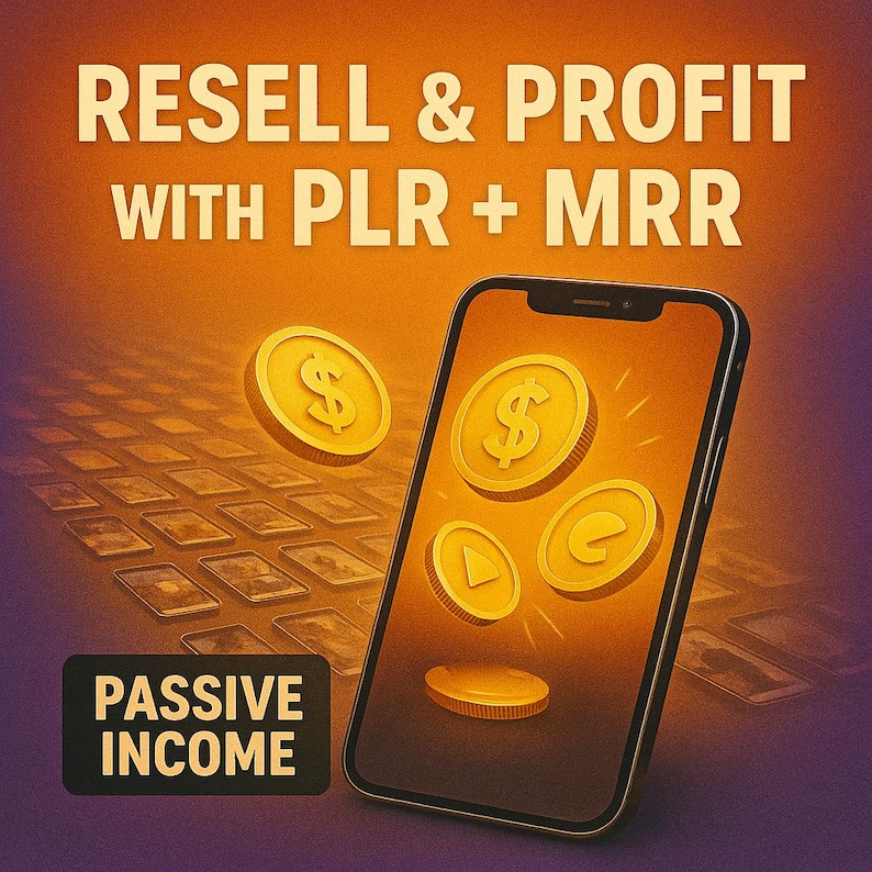 Puede incluir: Un tel&eacute;fono inteligente muestra monedas de oro con s&iacute;mbolos de d&oacute;lar y otros iconos, sobre un fondo degradado naranja y morado. Tambi&eacute;n se ve el texto "RESELL & PROFIT WITH PLR + MRR" y "PASSIVE INCOME".