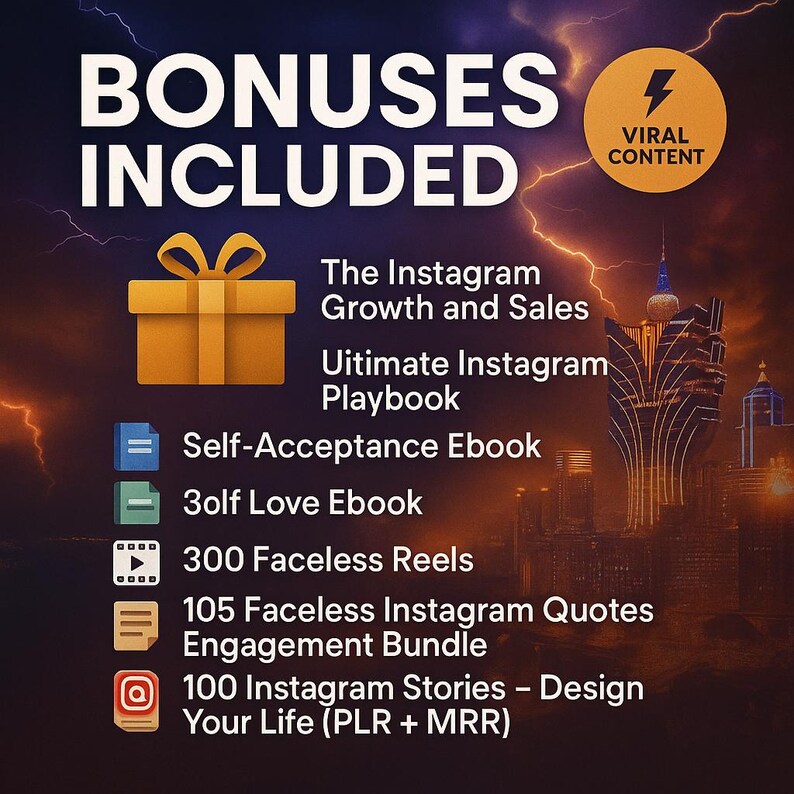 May include: An image with the text "BONUSES INCLUDED" and a list of digital products, including ebooks and Instagram guides. A gift box graphic and a "VIRAL CONTENT" badge are also featured. The background shows a cityscape with lightning.