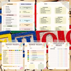 Puede incluir: Una colecci&oacute;n de hojas de papel impresas y coloridas para organizar las rutinas diarias. Incluye un horario semanal, gr&aacute;ficos de tareas y gr&aacute;ficos de comportamiento. Las hojas presentan colores pastel y acentos de estrellas y arco&iacute;ris.