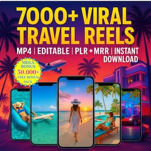 Puede incluir: Gráfico promocional con el texto "7000+ VIRAL TRAVEL REELS" en amarillo. La imagen incluye cinco teléfonos inteligentes que muestran escenas de playa, un avión y el texto "MP4 | EDITABLE | PLR + MRR | INSTANT DOWNLOAD". También se muestra una oferta de bonificación.