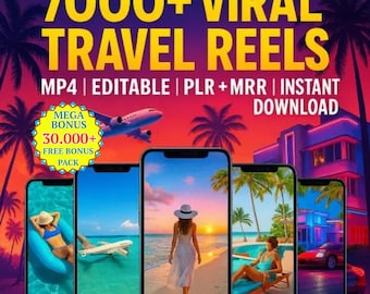 May include: A promotional graphic with the text "7000+ VIRAL TRAVEL REELS" in yellow. The image includes five smartphones displaying beach scenes, a plane, and the text "MP4 | EDITABLE | PLR + MRR | INSTANT DOWNLOAD". A bonus offer is also displayed.